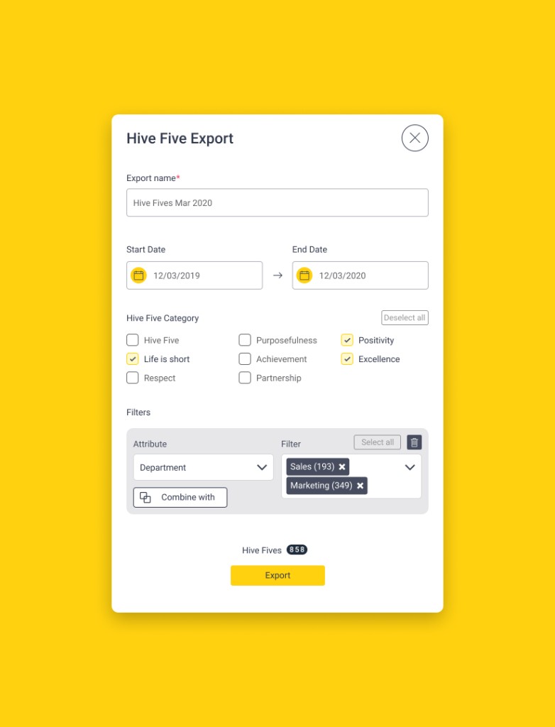 Hive — Hive Five export modal interface