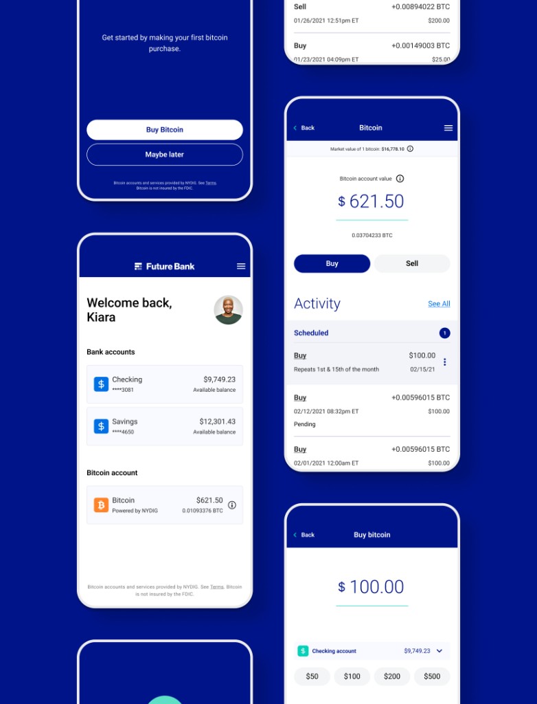 NYDIG — banking integration illustration with interface mockup